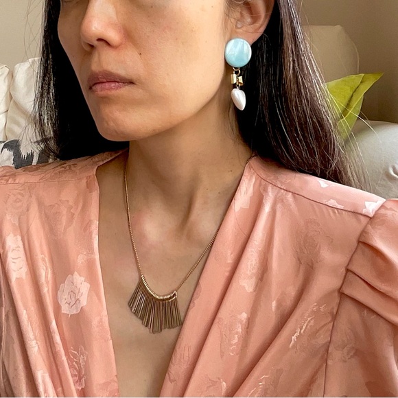 Redesigned blue opalescent clip on earrings with bow and faux pearl heart dangle - Picture 3 of 13